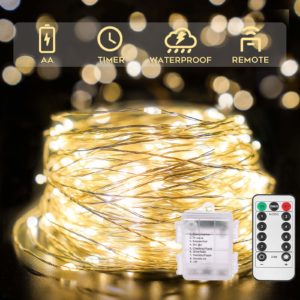 33ft 100 LED Outdoor String Lights, Warm White Fairy Lights Battery Operated with Remote, Led Twinkle Lights for Bedroom, Dorm, Backyard, Wedding, Tree, Mason Jar, Wall, Christmas